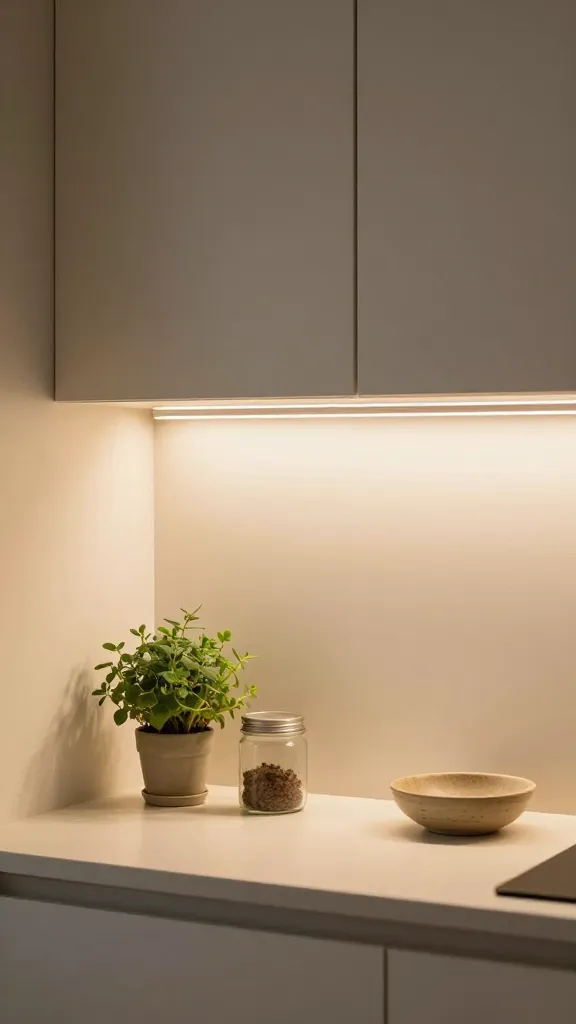 A cozy morning lighting scene: warm LED strip along the base of upper cabinets, a clean counter with a small herb plant, a glass canister set, and a single decorative bowl, emphasizing intentional design and calm clutter-free space.