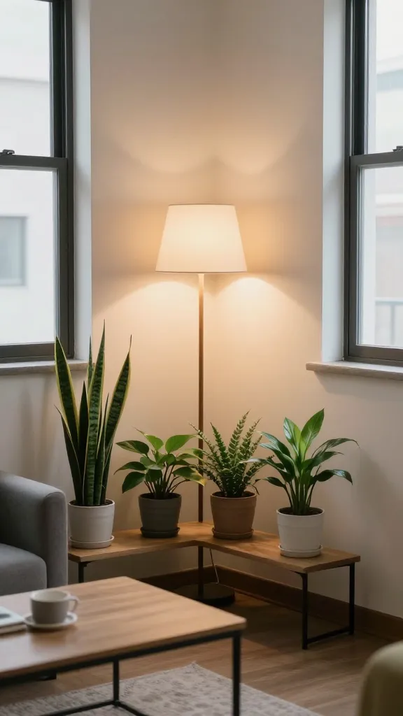 A cozy apartment corner with a small coffee table, a tall floor lamp casting soft ambient light, and four low-light houseplants (snake plant, pothos, ZZ plant, and peace lily) arranged on an open-shelved rack beside a north-facing window.