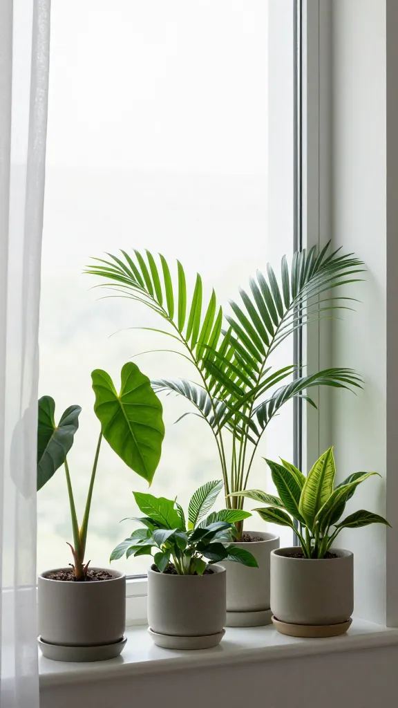 A sunless windowsill turned greenery nook: a row of compact low-light plants in minimalist ceramic pots, including a philodendron heartleaf, a parlor palm, and a dumb cane, with gentle shadows from a sheer curtain.