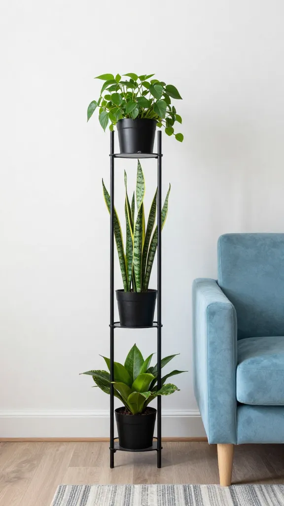A modern apartment living room with a slim vertical plant stand holding multiple tiers of low-light plants (ZZ plant, snake plant, Chinese evergreen) next to a baby-blue velvet sofa and a muted rug.