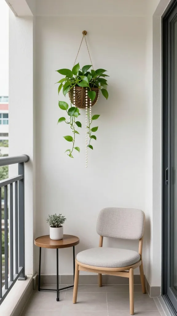A small balcony-less apartment corner featuring a hanging wall planter filled with trailing pothos and a string of pearls, plus a low-back chair and a small side table.