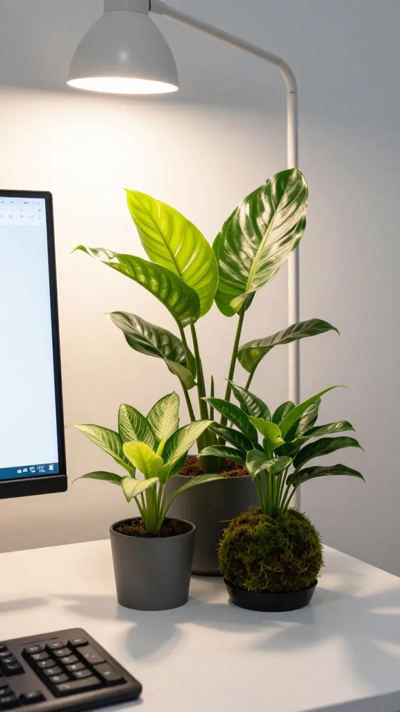 A bright but shaded interior desk setup: a desk with a monitor, a compact desk plant cluster (calathea, spathiphyllum, and réalistic moss ball) in matte pots, bathed in soft ambient light from a floor lamp.