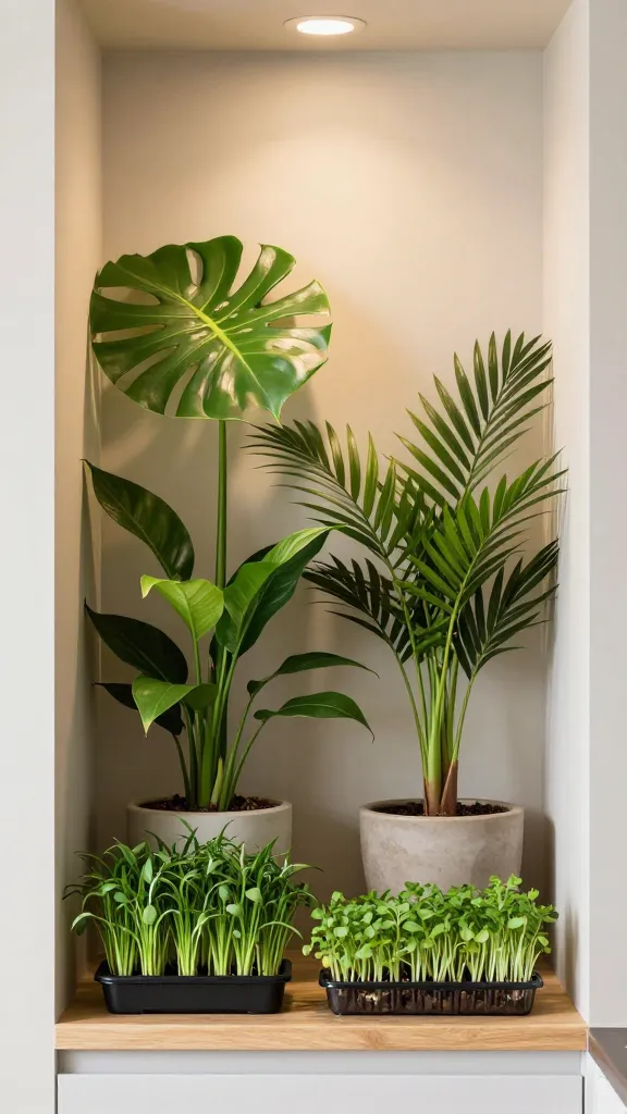 A kitchenette nook with a narrow shelf displaying microgreens and low-light tropicals (monstera deliciosa cutting, peace lily, and areca palm) in ceramic planters, with a warm, neutral backsplash.