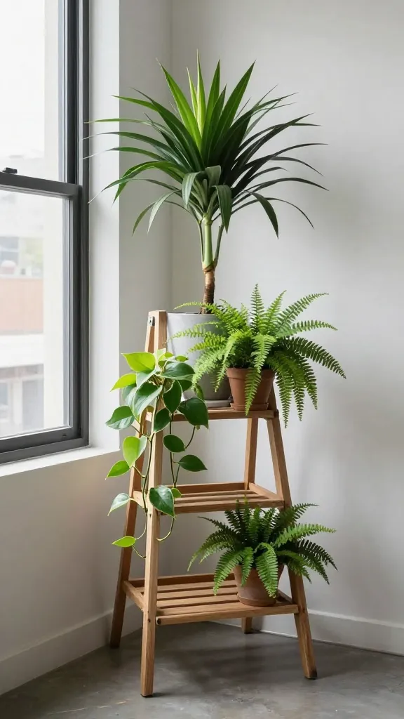 An urban studio apartment corner showing a multiplant display on a ladder shelf: dracaena marginata, pothos trailing down, and a small fern, with a window that only admits diffused light.