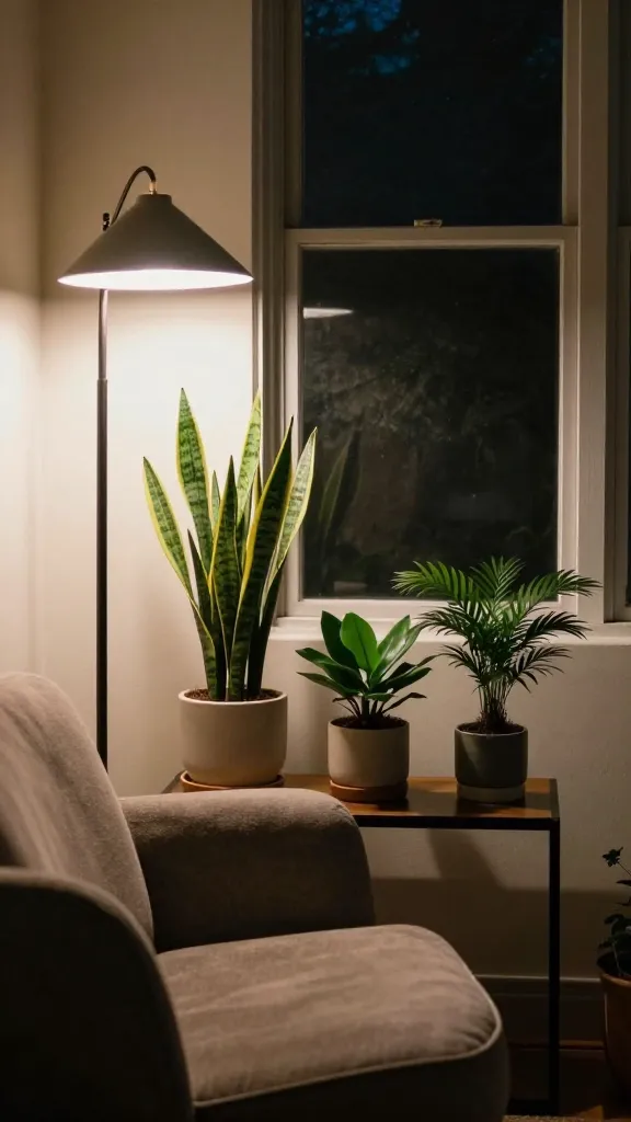 A cozy reading nook by a dim window: a plush chair, a floor lamp, and a plant plant trio on a small side table—snake plant, jade plant, and a miniature palm—each in modern pods.