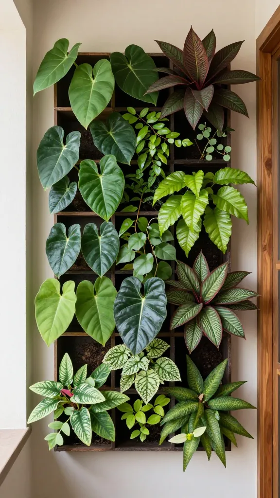 A vertical garden wall in a compact living space, featuring a grid of shallow planters with low-light species (heartleaf philodendron, philodendron cordatum, and peperomia) against a neutral wall and warm wood accents.