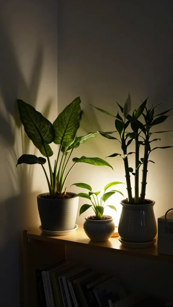 A night-time vibe shot of a small apartment corner: soft lamplight highlighting a cluster of low-light plants on a shallow shelf, including a calathea, a peace lily, and a lucky bamboo in ceramic pots.