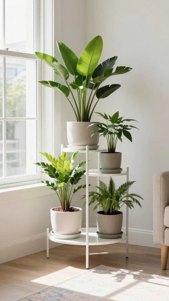 A bright living room corner with a three-tier white metal plant stand holding-sized potted tropical plants, sunlight pouring in through a large window, soft shadows on a pastel rug.