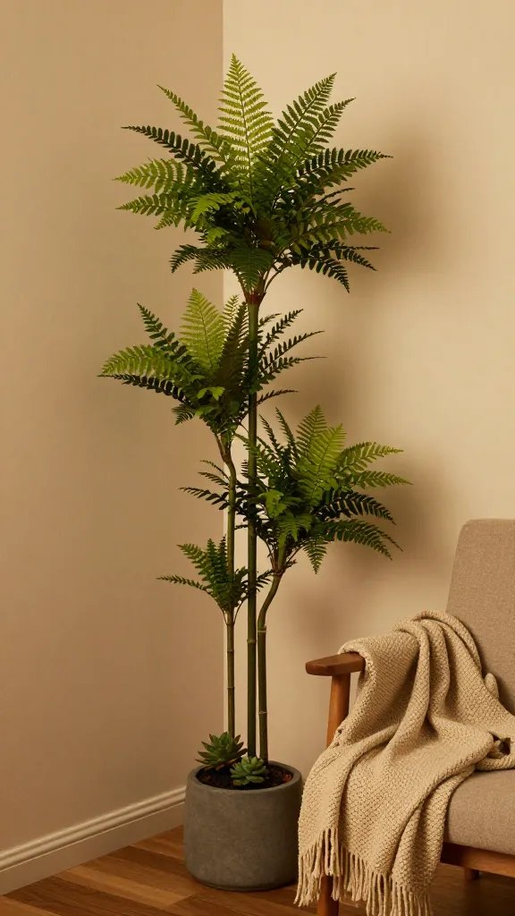 A cozy nook in a mid-century modern room featuring a tall bamboo plant stand with a mix of ferns and small succulents, a woven throw blanket draped over a nearby chair, warm ambient lighting.