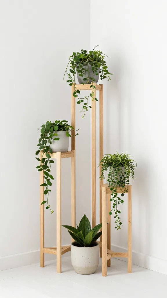 An empty corner transformed by a stacked set of wooden plant stands of varying heights, cascading trailing plants and a ceramic pot at the base, minimalist Scandinavian decor surrounding.