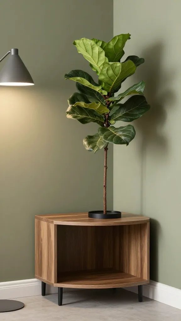 A corner with a compact corner shelf and a single tall fiddle-leaf fig on a slim black stand, a floor lamp casting a gentle glow, and a muted olive wall tone.