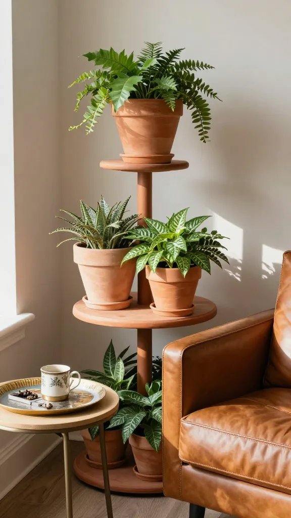 A sun-drenched reading nook with a tiered terra-cotta plant stand, featuring sun-loving plants, a leather accent chair, and a small side table with a decorative tray.