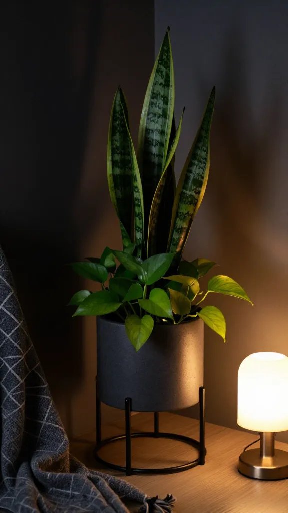 A nighttime scene of a corner with low light, a charcoal-colored plant stand holding low-light foliage like pothos and snake plants, a cozy throw, and a warm light from a vintage lamp.