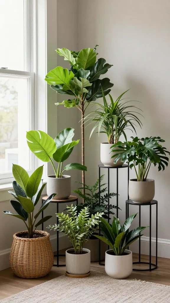 A corner near a window with a lush mix of plant stands in varying heights—rattan, metal, and ceramic—arranged to create a tiny forest, with a soft textile rug and neutral walls.