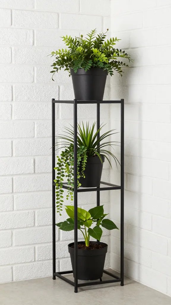 A modern corner featuring a geometric black metal plant stand with three levels, each level hosting a different plant texture (leafy, spiky, and trailing), against a white brick wall.
