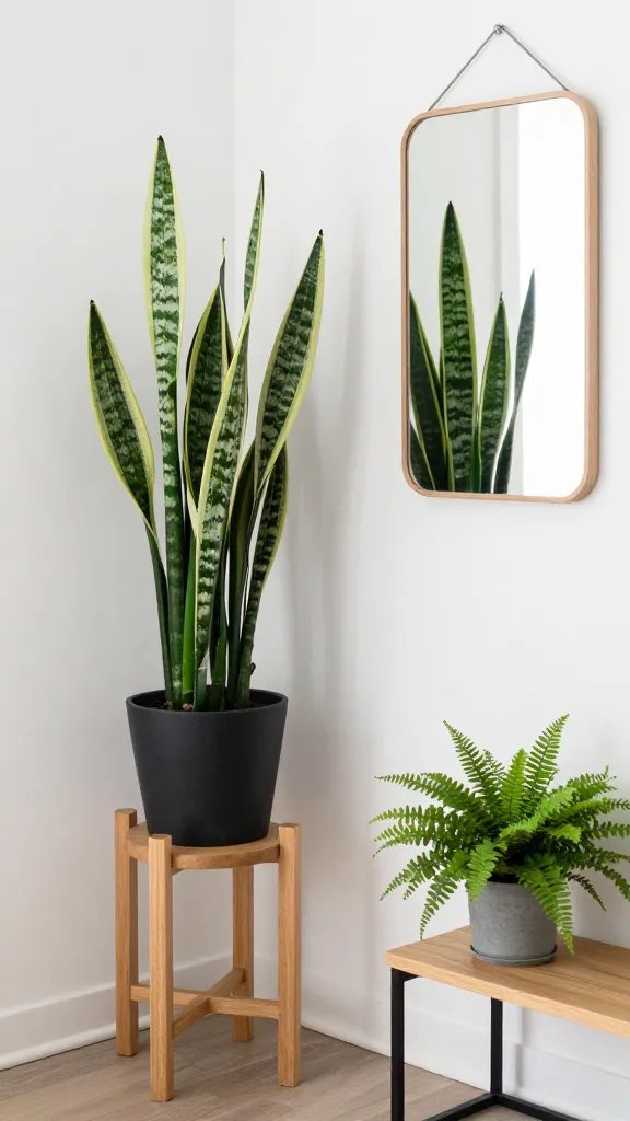 A corner in a small apartment with a compact wooden stand, a tall snake plant, a small fern on a lower shelf, and a wall-mounted mirror reflecting the greenery for added depth.