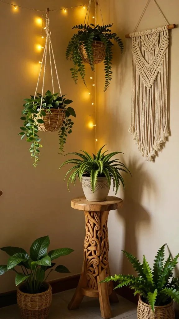 A boho-inspired corner with a carved wooden plant stand, hanging planters at different heights, lush greenery, a macramé wall hanger, and warm amber fairy lights.