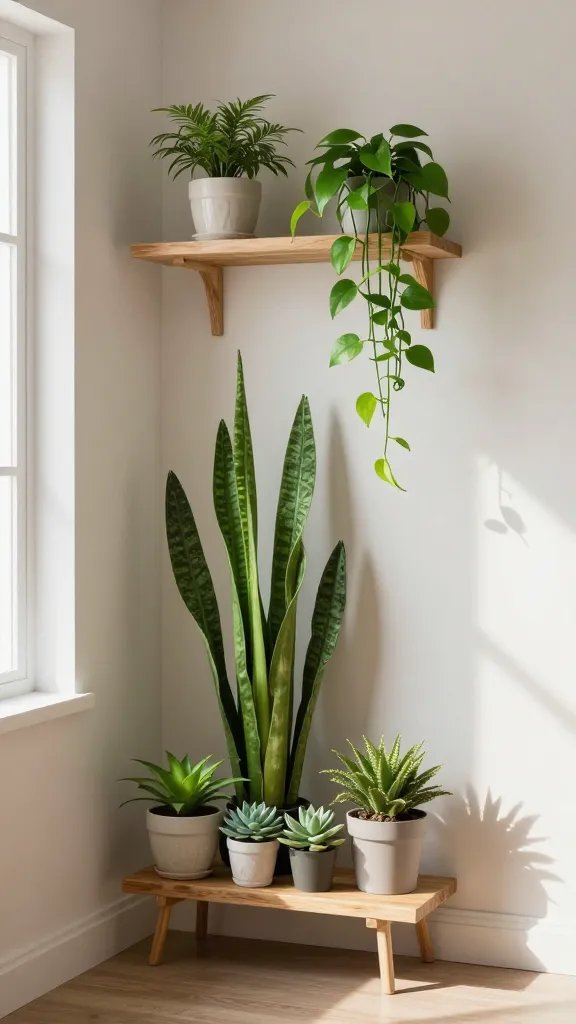 How to Style Indoor Plants in a Small Living Room: Chic & Space-Smart 2 A small living room corner featuring a multi-tier wall shelf filled with a mix of tall statement plant stems, trailing pothos cascading from higher shelves, and compact succulents on the lowest shelf, with natural window light casting soft shadows.
