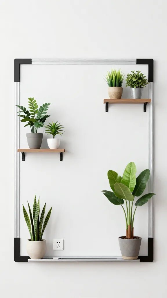 How to Style Indoor Plants in a Small Living Room: Chic & Space-Smart 3 An overhead shot of a living room floor plan on a whiteboard or paper, illustrating a practical layout with labeled outlets, shelves, and plant placement, including a mix of vertical planters and floor-standing pots to show space-saving strategy.