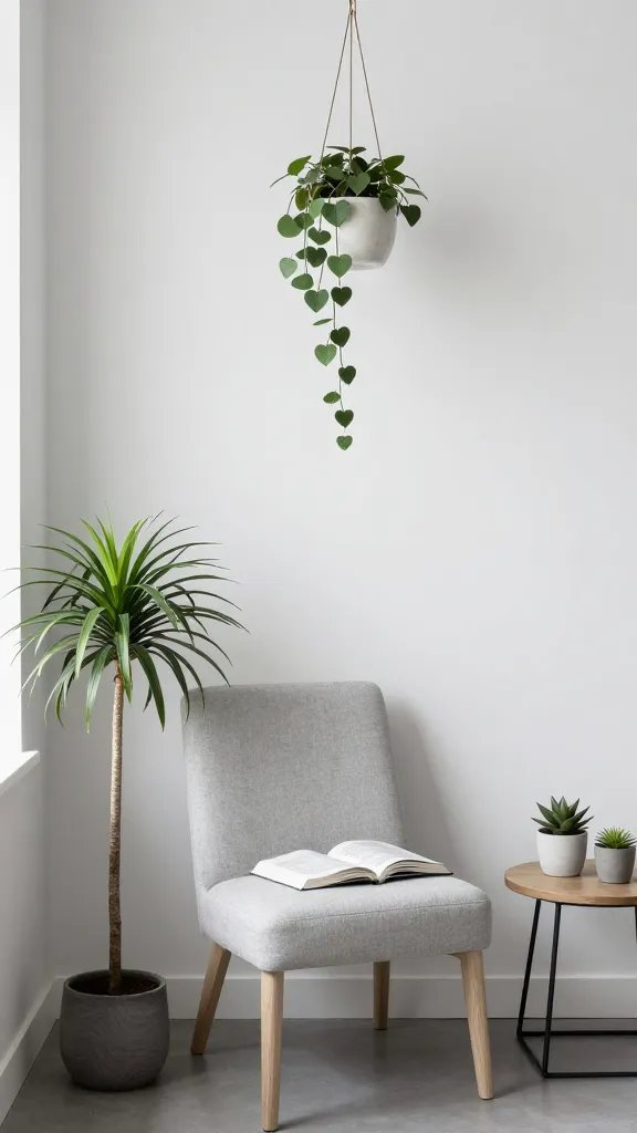 How to Style Indoor Plants in a Small Living Room: Chic & Space-Smart 4 A cozy reading nook with a slim floor plant beside the chair, a hanging planter from the ceiling capturing a trailing string of hearts, and a small table with a few compact pots, all in a cohesive monochrome color palette.