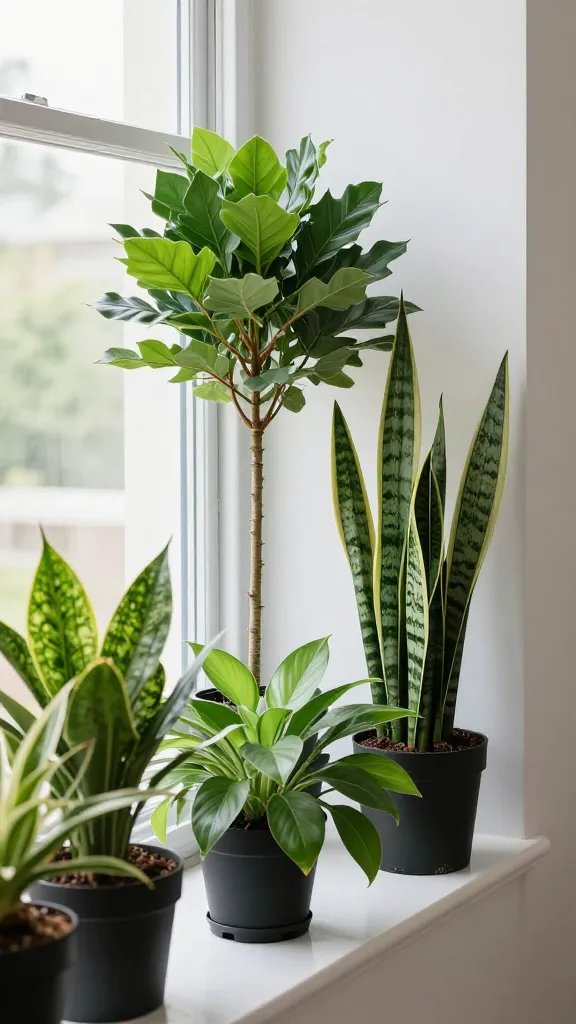 How to Style Indoor Plants in a Small Living Room: Chic & Space-Smart 5 A bright, edge-of-window display showing shade-tolerant plants (e.g., ZZ plant, philodendron, snake plant) arranged on a narrow sill, with a tall plant in a corner to create layered height against a clean wall.