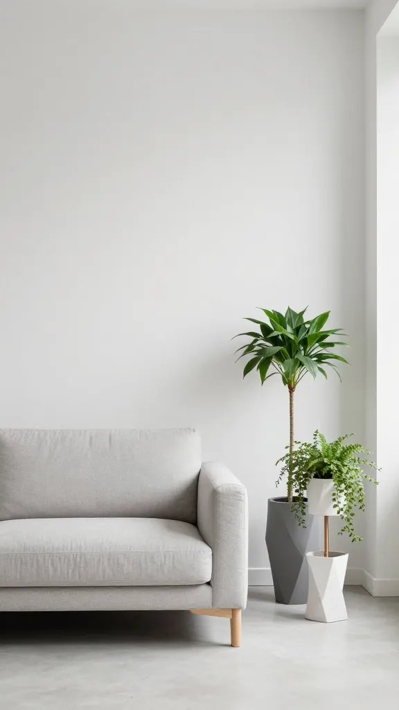How to Style Indoor Plants in a Small Living Room: Chic & Space-Smart 6 A minimalist living room scene featuring a low-profile sofa, a geometric plant stand with a staggered trio of plants (tall, medium, and trailing), and hidden wall shelves to maximize floor space, shot from a slight diagonal angle.
