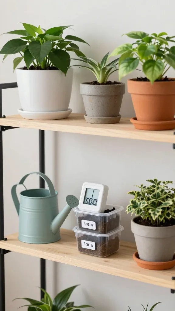 How to Style Indoor Plants in a Small Living Room: Chic & Space-Smart 7 A close-up of a plant care station: a small watering can, a moisture meter, neatly labeled containers, and a compact variety of pots, arranged on a mounted shelf to demonstrate easy maintenance in a small room.