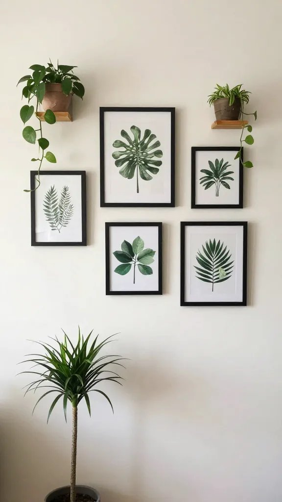How to Style Indoor Plants in a Small Living Room: Chic & Space-Smart 8 An interior view of a small living room showing a gallery-style wall of framed plant prints and small wall-mounted planters, with trailing vines slipping along the wall and a tall plant in a slim planter in front.