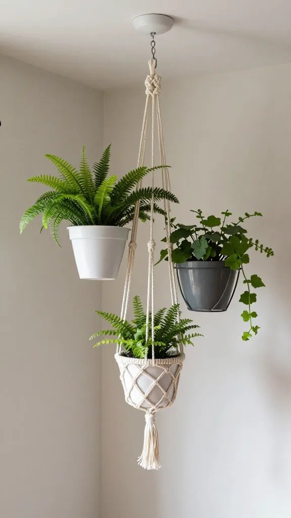 How to Style Indoor Plants in a Small Living Room: Chic & Space-Smart 9 A corner with a ceiling-mounted hanging planter cluster: several pots at different heights, including a macramé hanger and a metal hoop planter, with soft natural light highlighting the greenery.