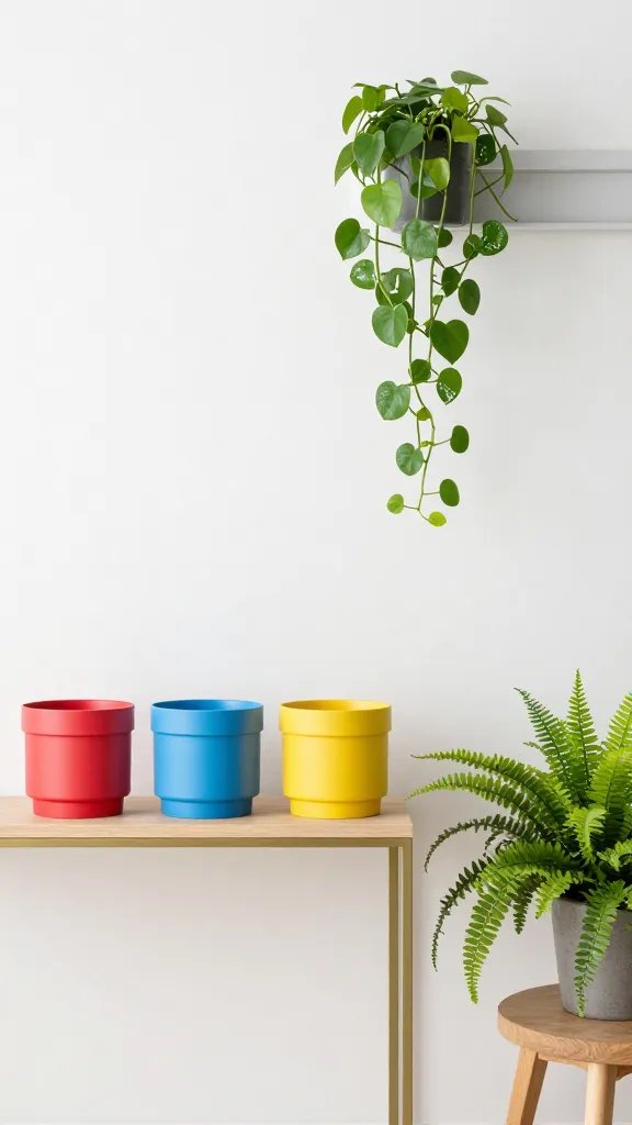 How to Style Indoor Plants in a Small Living Room: Chic & Space-Smart 11 A playful, colorful setup: low-height pots in contrasting colors on a slim console, a bright trailing plant weaving along a wall-mounted track, and a compact fern adding texture near a reading chair.