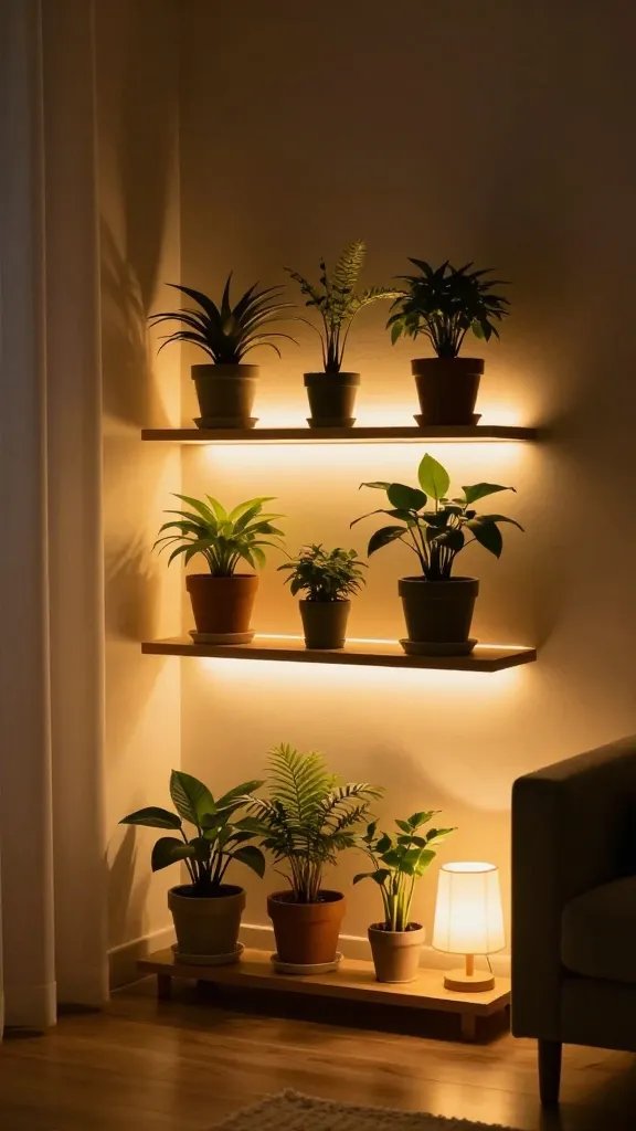 How to Style Indoor Plants in a Small Living Room: Chic & Space-Smart 10 A nighttime shot of a small living room with warm LED strip lighting under shelves, illuminating several potted plants of varying heights and a small corner lamp creating cozy, space-smart ambiance.