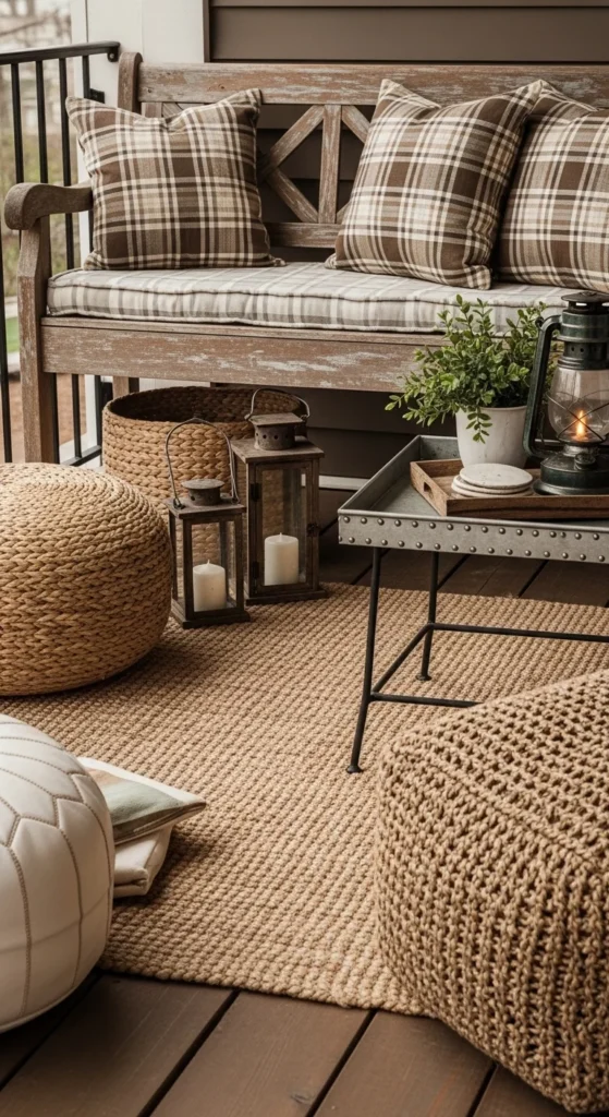 Rustic Farmhouse Balcony With Jute And Lanterns