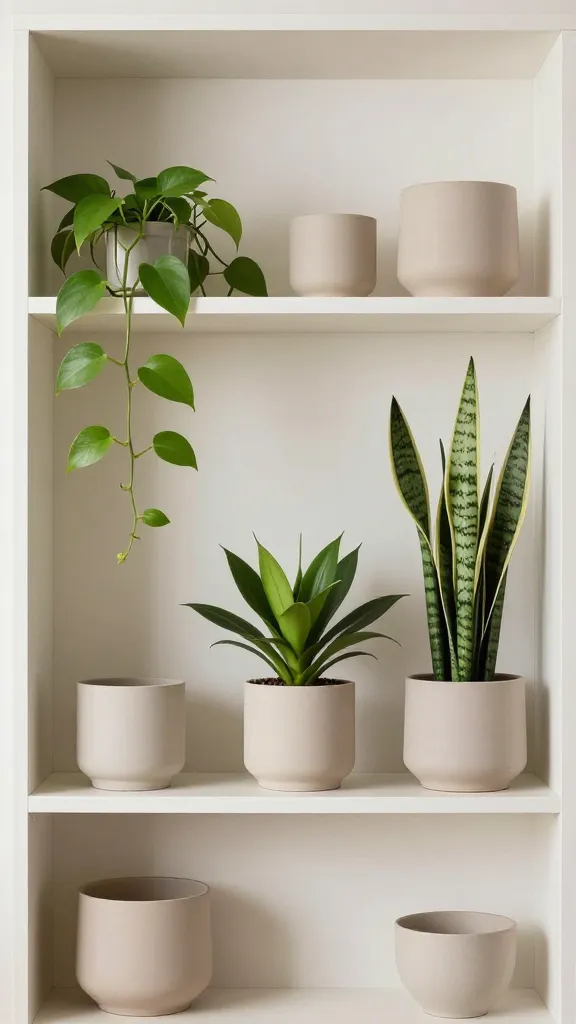 A clean, modern bookshelf with a cohesive color palette of neutral pots, featuring two pothos trailing from a mid-height shelf and a tall snake plant in a sculptural pot as the anchor, with a single bold statement plant at the center.
