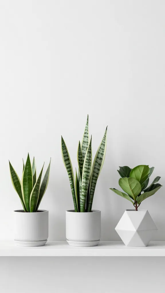 Minimalist living room shelf styled with a monochrome planter assortment, alternating tall and short plants including a ZZ plant and a snake plant, plus one geometric, sculptural plant like a kalanchoe or fiddle-leaf fig cutting in a standout planter.
