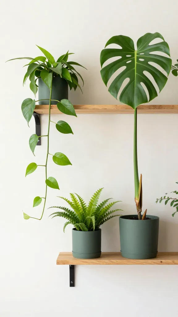 A long, wall-mounted shelf arranged for a tropical vibe: lush pothos vines cascading from a mid-level pot, a compact bird's nest fern, and a tall, architectural monstera as the anchor, all in cohesive, matte pots.