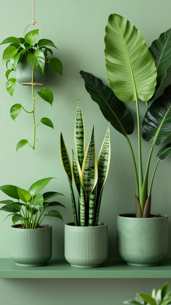 A shelf focused on a bold jungle vibe: multiple green tones with three plant types (pothos, ZZ, snake plant) in matching textured planters, plus a single dramatic, sculptural plant such as a tall diffenbachia or philodendron with large leaves.