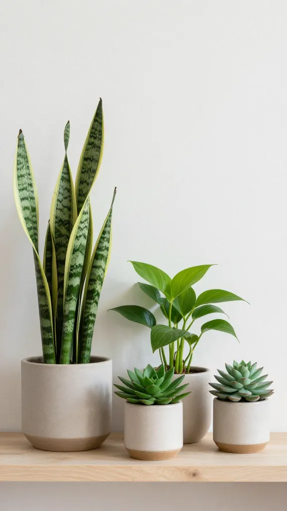 A shelf with a neutral base and two to three plant types arranged in height variation: a tall snake plant, a mid-height pothos, and a small succulents cluster, all in coordinated ceramic pots, no extra decor.