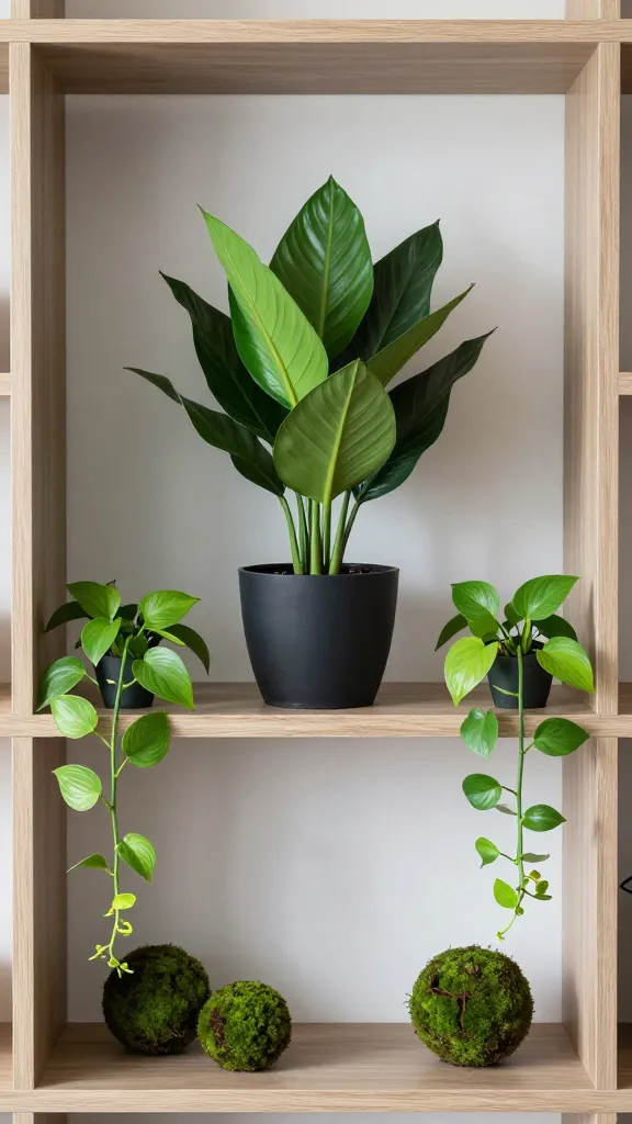 A modern shelving unit with a single statement plant in a striking planter (large sculptural foliage) as the centerpiece, flanked by two low-profile pothos trailing from the sides, and a couple of tiny moss ball arrangements for texture.