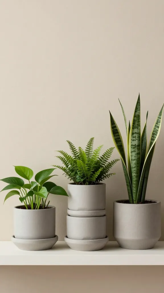 A shelf styled for a neutral palette: soft beiges and greys in pots, with a compact stack of plants including pothos and pothos cuttings, a small fern, and a single tall plant like a sansevieria in a sculptural planter.