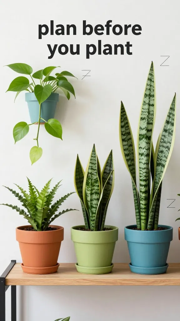 A “plan before you plant” setup: a mock shelf with color-mblocked pots planned on a mood board, featuring two to three plant types (pothos, snake plant, ZZ) arranged by height to create visual depth and rhythm.
