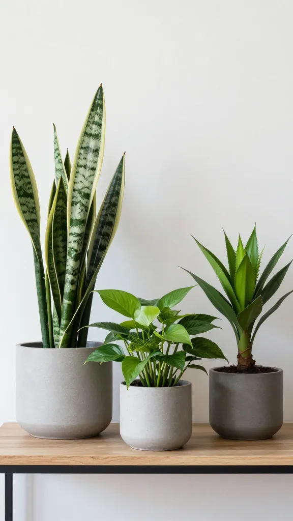 A modern shelf with textured pots and a cohesive color story: a tall snake plant, a medium pothos, and a small fern cluster, plus one standout sculptural plant in a bold planter, all arranged to read calm, intentional, and stylish.
