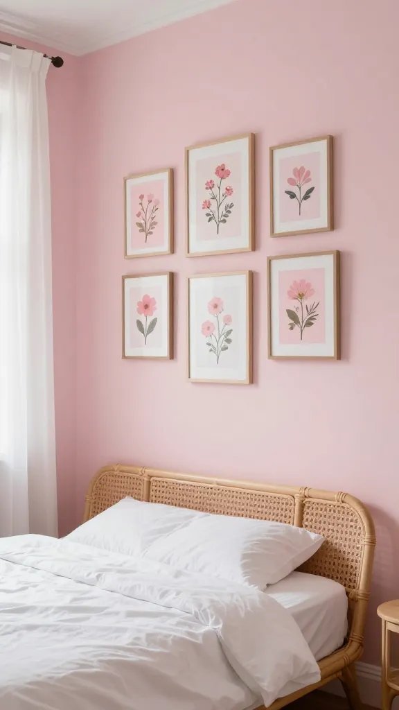 A cozy bedroom corner with soft blush pink walls, a low-profile rattan bed, white linens, and a mix of petite framed floral art in varying pinks arranged in an asymmetrical gallery wall, with natural light filtering through sheer curtains.