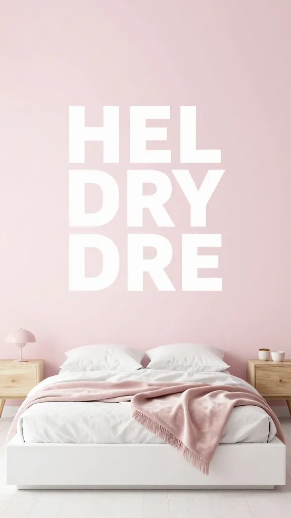 Minimalist pink-washed bedroom featuring a white platform bed, light wood nightstands, a velvet blush throw, and a wall adorned with large-scale white typography art on a pale pink backdrop.