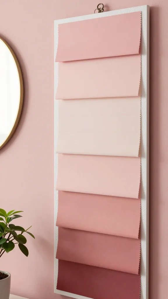 Soft rosy backdrop room: close-up of a wall swatch on a sample board, showing a gradient from pale blush to warm rose, accompanied by a small plant and a delicate gold-accent mirror to reflect warm light.