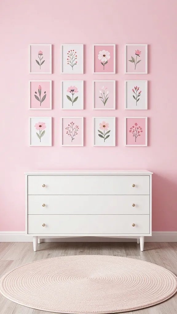 Boutique-style pink bedroom with floor-to-ceiling pink walls, a white mid-century dresser, a round blush rug, and petite framed floral artworks in different pink hues arranged in a tidy grid.