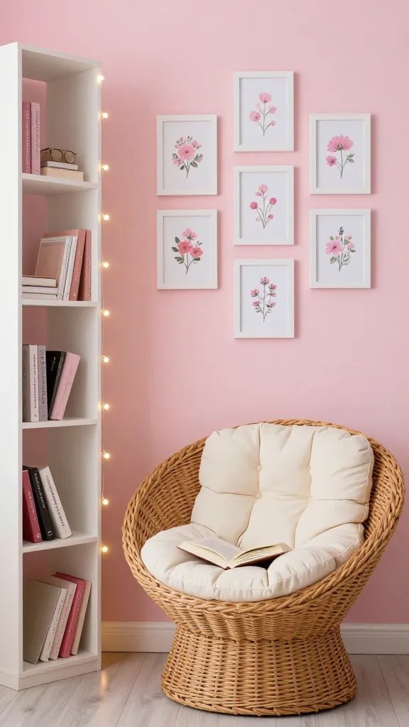Romantic reading nook: blush pink wall, a woven papasan chair with cream cushion, a slim white bookshelf, string lights, and a collection of petite pink floral prints in thin white frames.