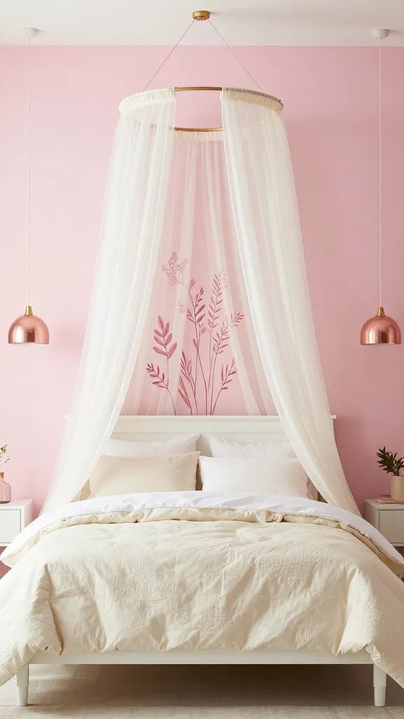 Pink accent wall behind a white canopy bed, layered with sheer ivory curtains, a textured cream duvet, rose-gold pendant lighting, and a cluster of delicate pink botanical art above the headboard.