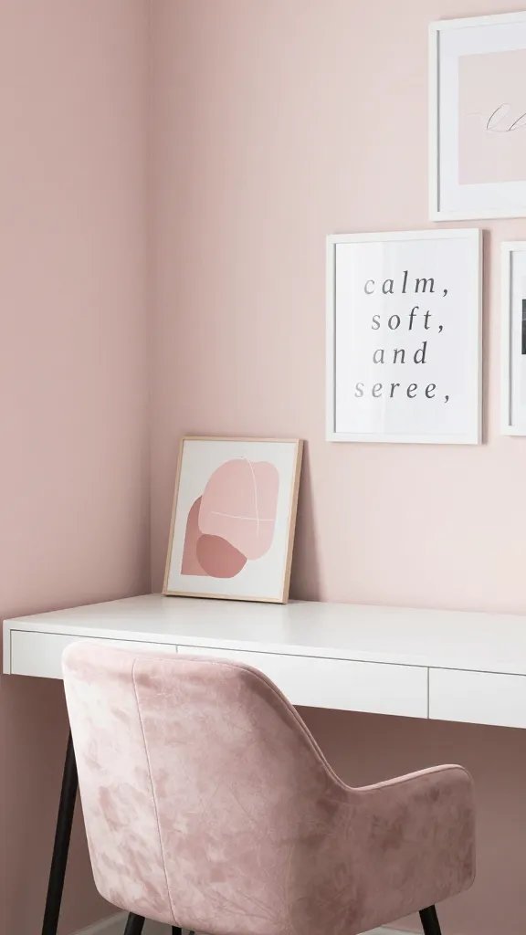 Cozy studio-style corner with a blush pink wall, a white desk, a blush velvet desk chair, a small pink-toned abstract art piece, and a few white-framed typography prints that spell calm, soft, and serene.