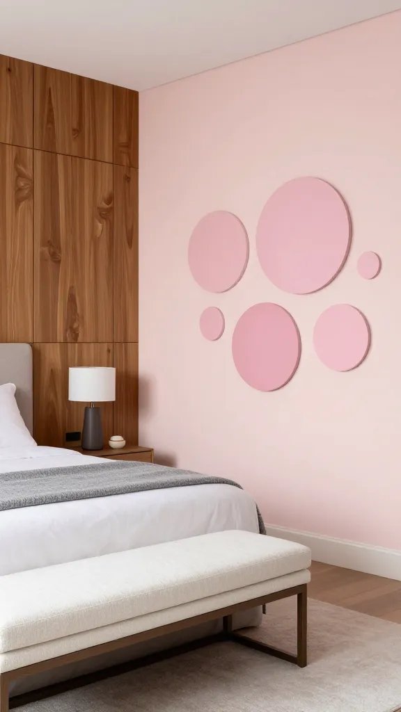 Elegant palette mix: blush walls paired with warm wood accents, a white upholstered bench at the foot of the bed, a gray throw, and a gallery wall of circular pink-toned art pieces in varying sizes on the adjacent wall.