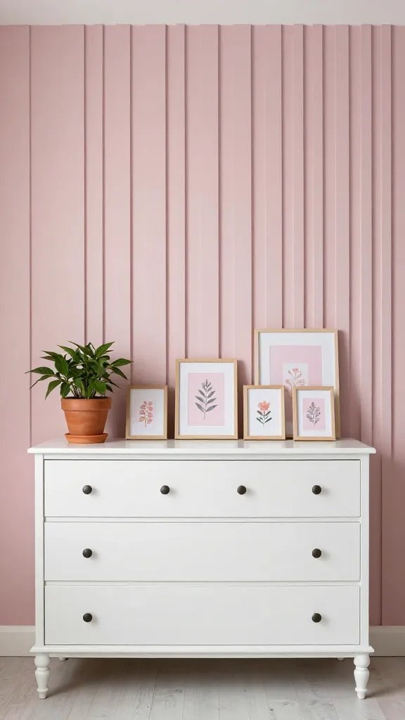 Soft pink bedroom with a wood slat accent wall in a muted rose shade, a white Windsor-style dresser, terracotta planter highlights, and a set of petite framed botanicals in pinks arranged along the dresser.